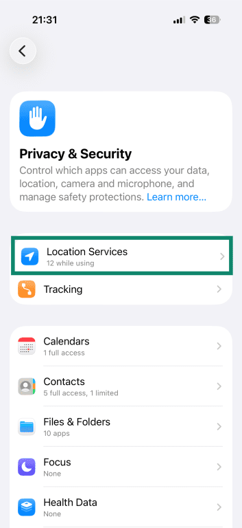 iPhone Privacy & Security settings, with the Location Services option highlighted.