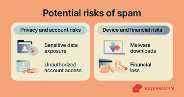 Different types of risks caused by spam, including data theft, malware, fraud, and account takeover.