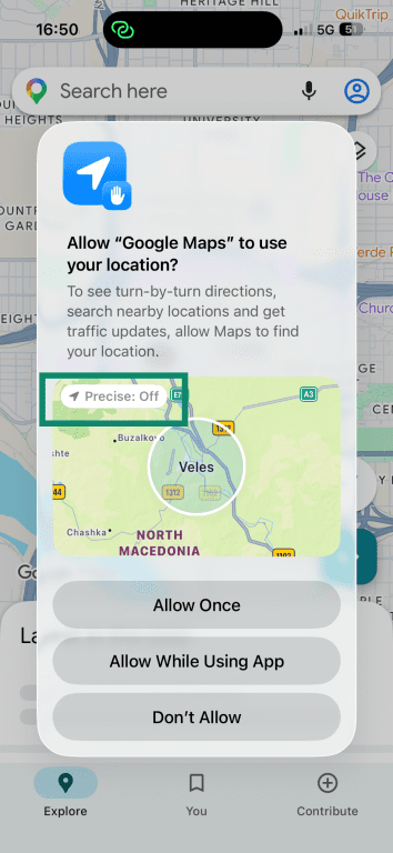 The prompt on iPhones asking users to allow an app to use their location, with the "Precise: Off" option highlighted.