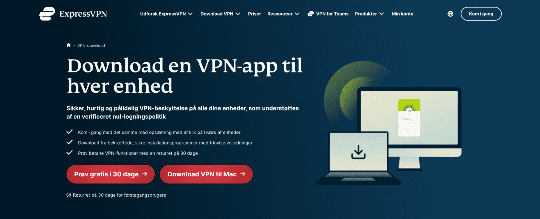 ExpressVPN-downloadside med downloadknappen fremh&aelig;vet