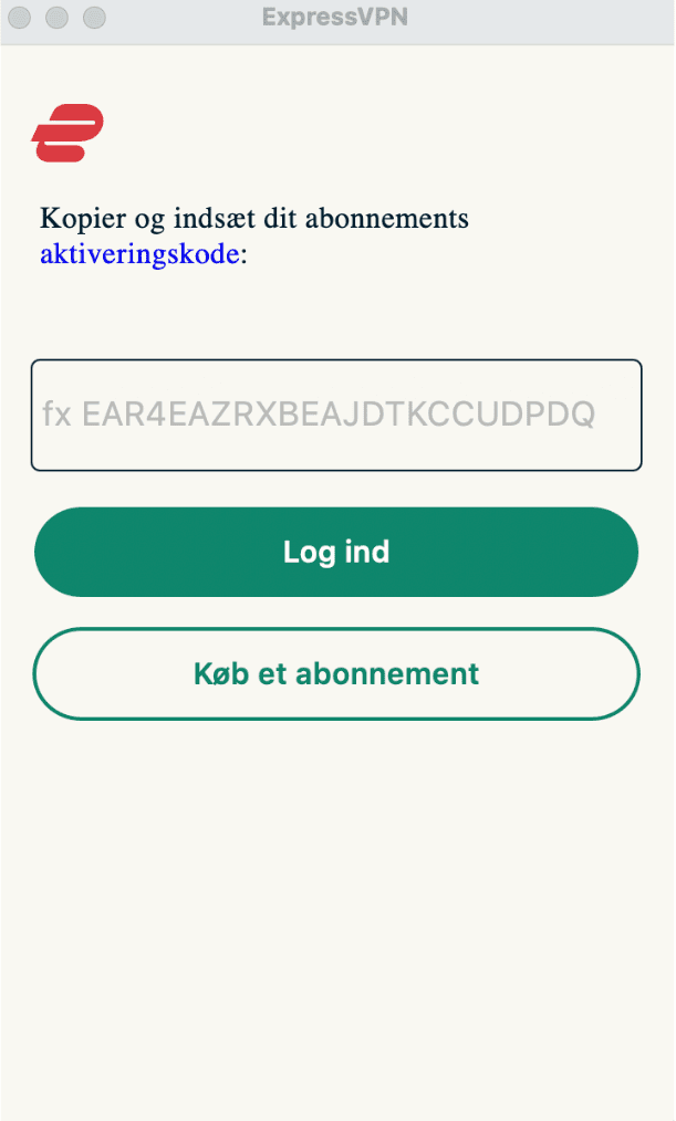 ExpressVPN-appen med mulighederne for at aktivere en bruger