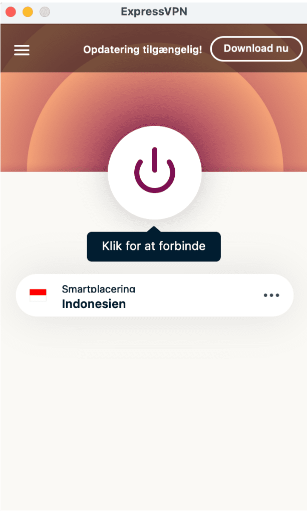ExpressVPN-appvindue med forbindelsesknappen