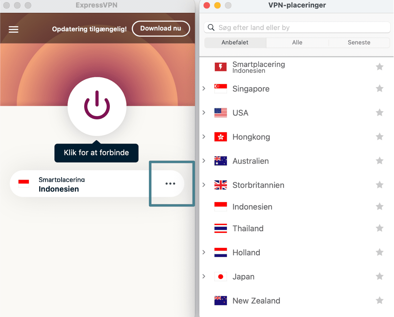 ExpressVPN-appen med knappen med de tre prikker forst&oslash;rret og en liste over servere