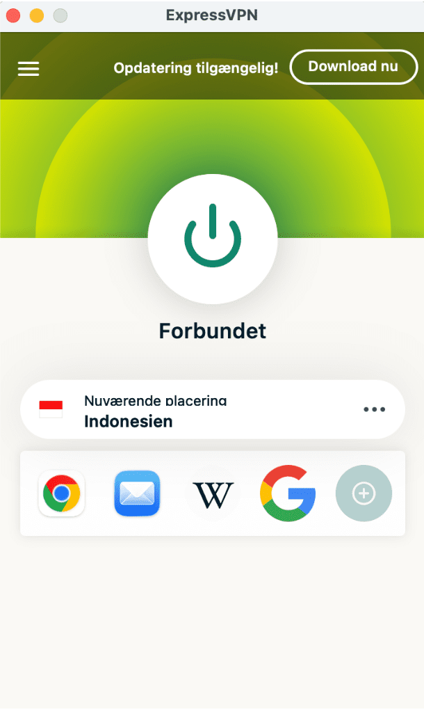 ExpressVPN-appens hovedvindue, der viser den gr&oslash;nne Forbundet-knap