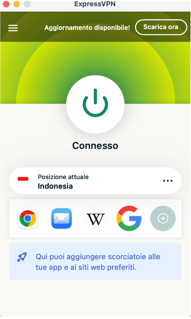 The main ExpressVPN app window, showing the green Connected button