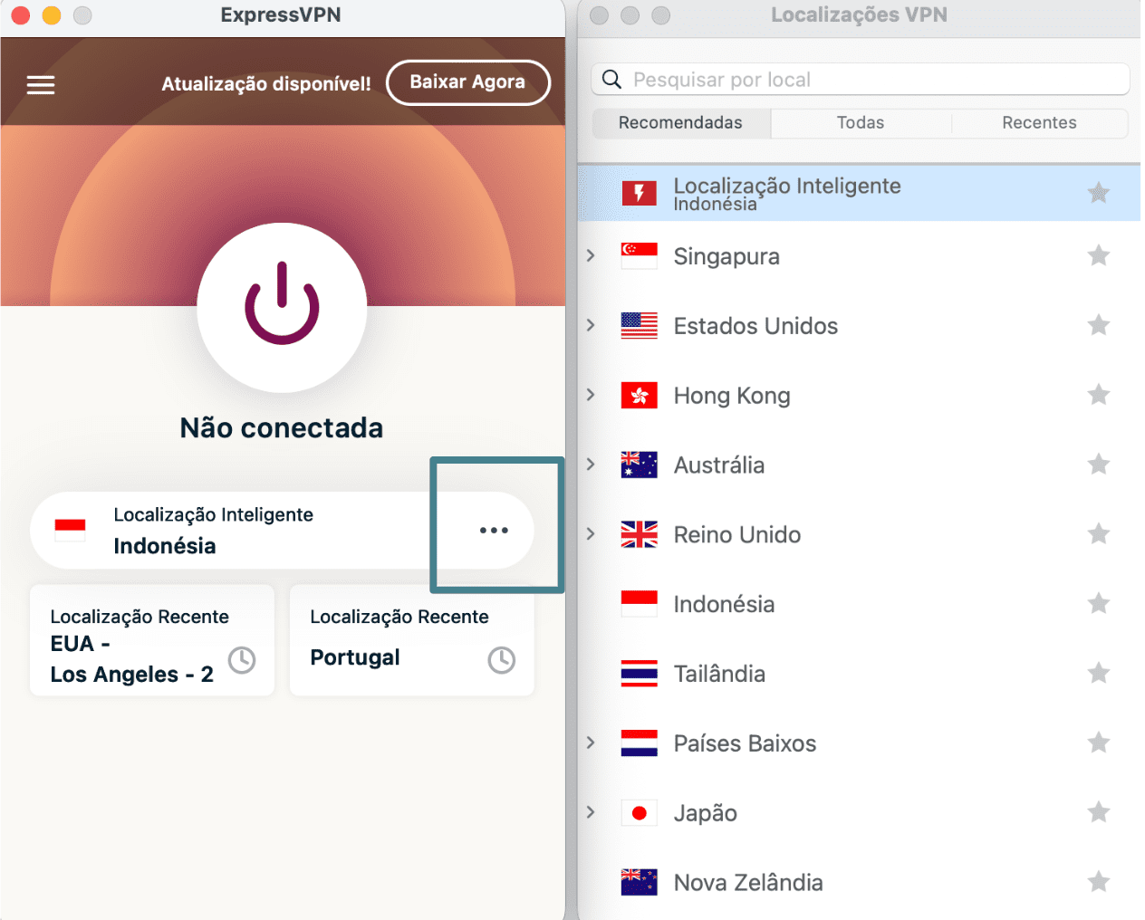 ExpressVPN app with the three-dots button enlarged and a list of servers