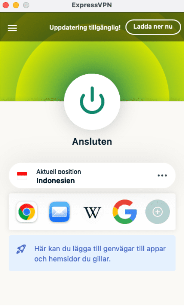 The main ExpressVPN app window, showing the green Connected button
