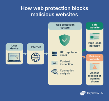 Web protection blocking phishing sites and malicious content before a page loads. 
