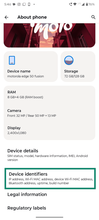 Android About phone menu with the Device Identifiers option highlighted.