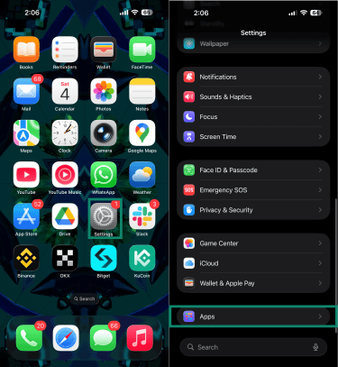 Opening the Apps menu from iPhone settings.