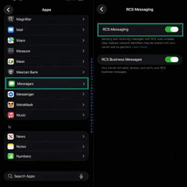The RCS options in Messages on an iOS.
