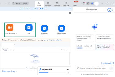 New meeting or Join option in the Zoom desktop app