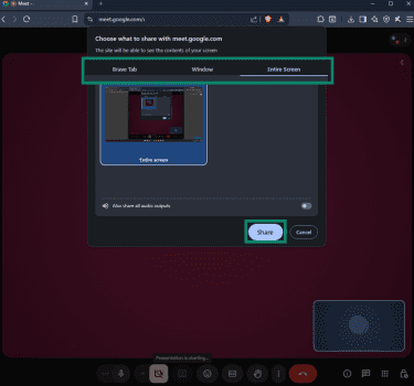 Share Tab, Window or Entire Screen in the Google Meet desktop web app