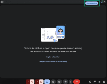 Stop presenting button in the top-right corner of the Google Meet desktop app