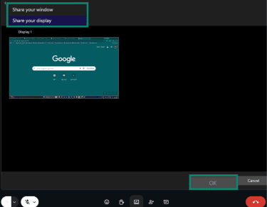 Option to Share your window or Share your display option in the WhatsApp desktop app