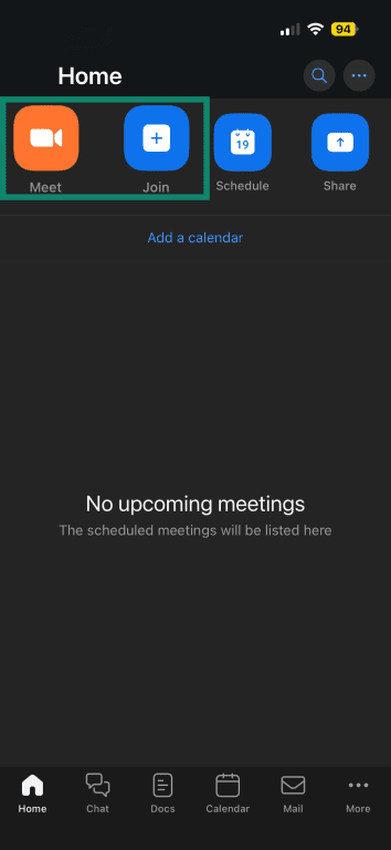 Meet and Join button in the Zoom mobile app