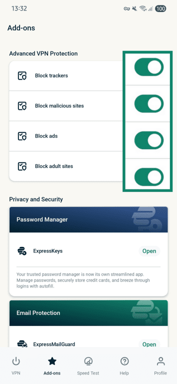 ExpressVPN app showing the "Advanced VPN Protection" feature section highlighted.