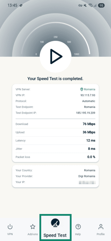 ExpressVPN mobile app showing the "Speed Test" page highlighted.