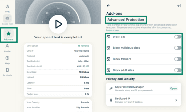 ExpressVPN desktop app showing the "Add-ons" and "Advanced protection" options highlighted.