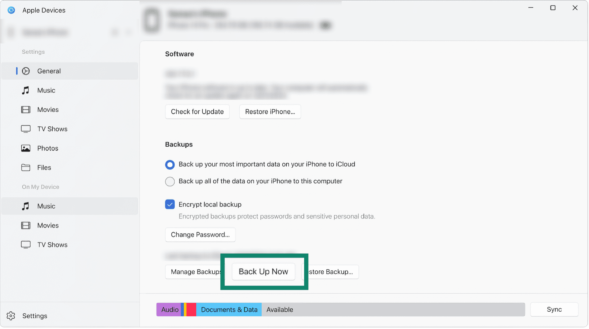 Windows' Apple Devices app with the Back Up Now button highlighted.
