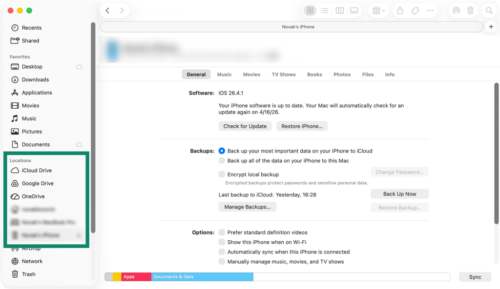 Windows' Apple Devices app interface, showing a connected iPhone.