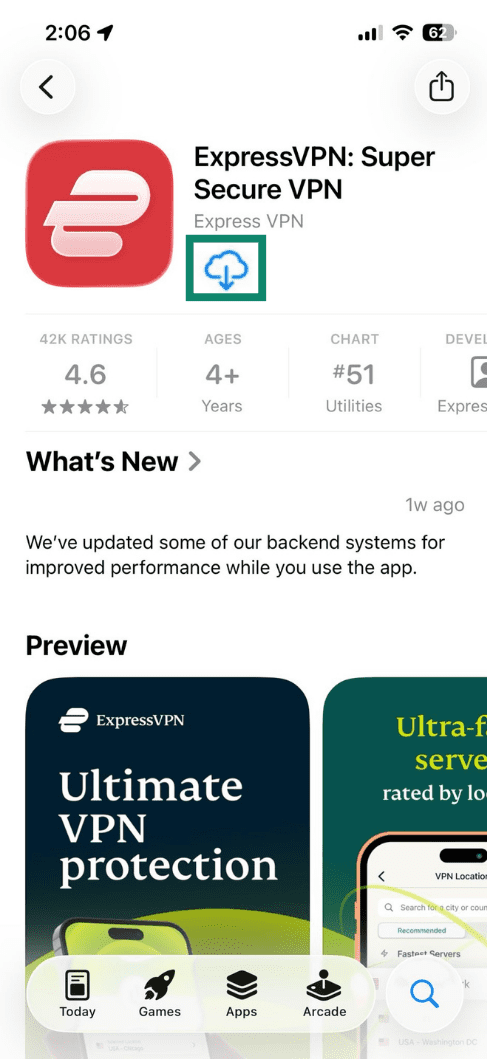 ExpressVPN download page on iOS