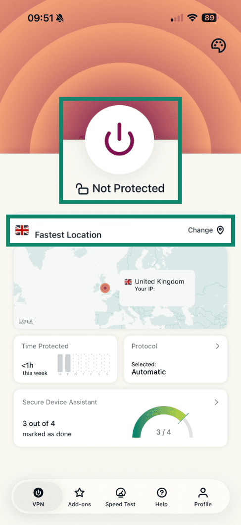 ExpressVPN UI showing the connection and fastest location button.