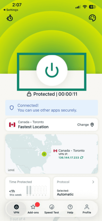 Connected ExpressVPN server showing the button to disconnect