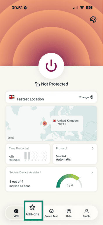 Add-ons tab in ExpressVPN iOS app.