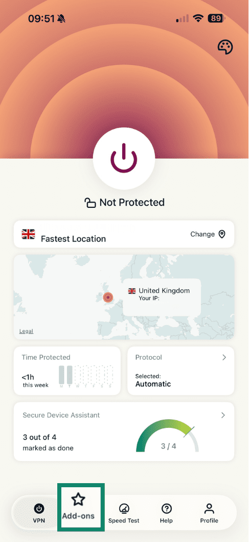 Add-ons tab in ExpressVPN iOS app.