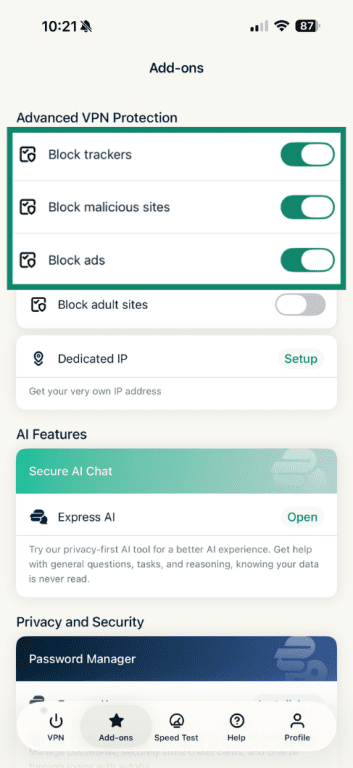 Advanced Protection features in ExpressVPN iOS app.