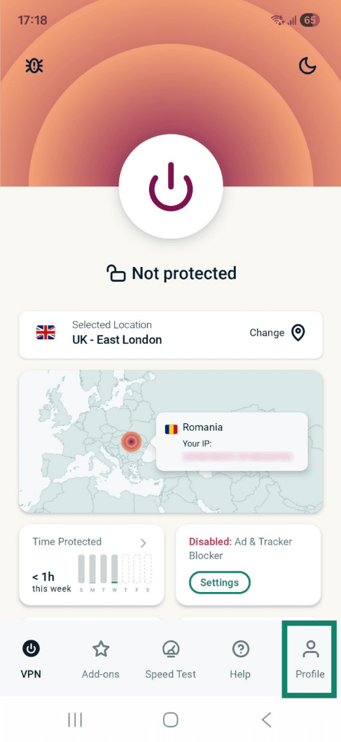 Profile settings on ExpressVPN Android app.