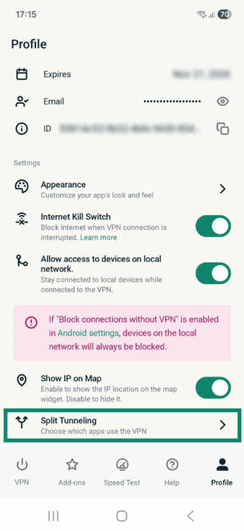 Split tunneling settings on ExpressVPN Android app.