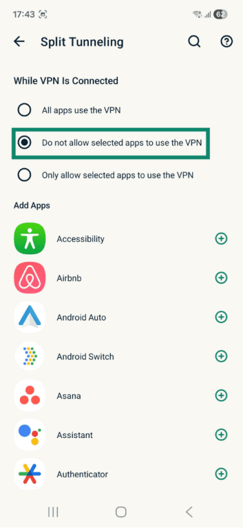 Split tunneling settings on ExpressVPN Android app.
