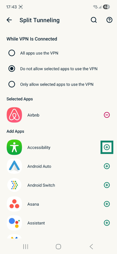 Split tunneling settings on ExpressVPN Android app.