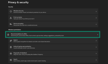 Recommendation & offers in the Privacy & Security options of Windows Settings.