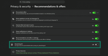Advertising ID under Recommendation & offers in Privacy & security.