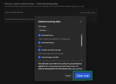 Clear now button in the Delete browsing data block.