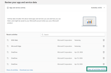 Review your apps and service data in the Microsoft Privacy Dashboard, with Clear all activities highlighted.