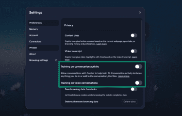 Training on conversation activity and Training on voice conversations options in the Privacy tab of Copilot.