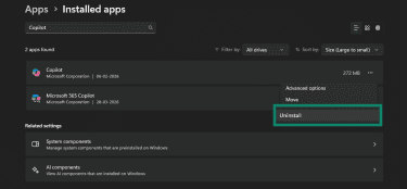 Uninstall Microsoft Copilot from Installed apps.