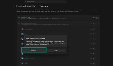 Turn off location services message in Windows location settings.