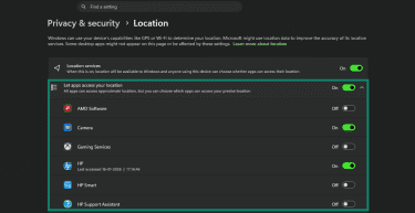 Apps with location access listed under Let apps access your location.