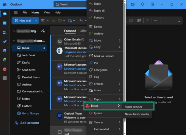 How to access the Block option from the context menu in the new Outlook for Windows