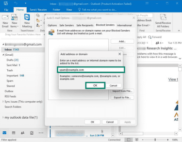 How to add an address or domain to the blocked list in classic Outlook for Windows