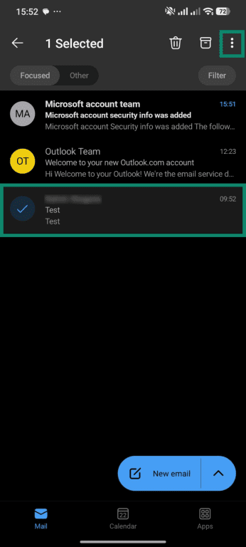 How to access the context menu for a selected email in Outlook for Android
