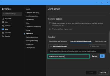 How to add an email address to the blocked senders list in the new Outlook for Windows