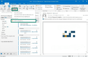 How to access the junk email options from the Home tab in classic Outlook for Windows