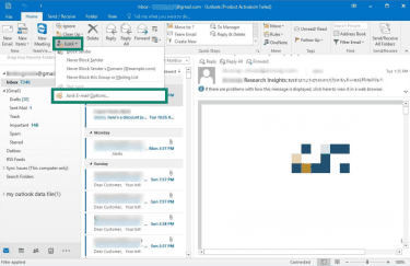 How to access the junk email options in the classic Outlook for Windows