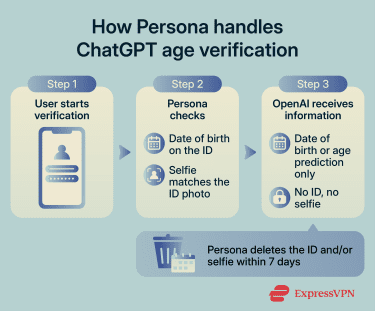 Persona ChatGPT age verification flow showing ID and selfie checks, limited data shared with OpenAI, and deletion within 7 days.